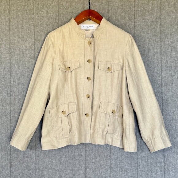 Gerard Darel Paris 100% Linen Oatmeal Light Tan Blazer Utility Jacket Size 14 - Picture 1 of 15